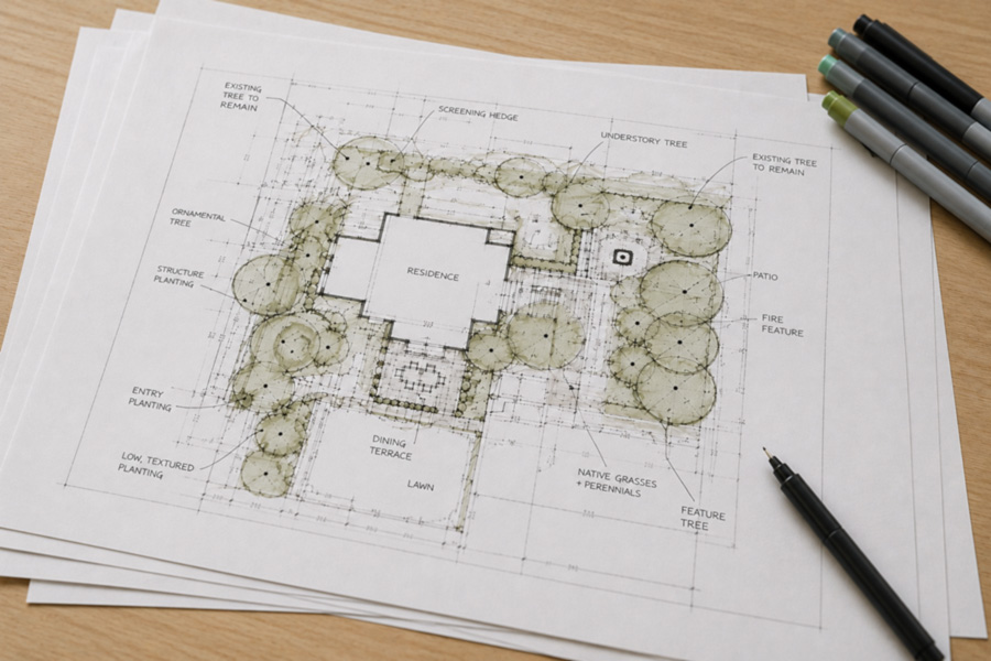 Landscape plan drawings with tools on a desk