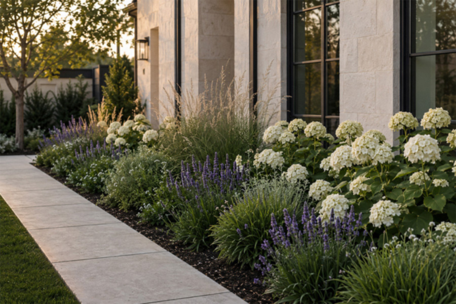 Layered garden planting with flowers and soft foliage