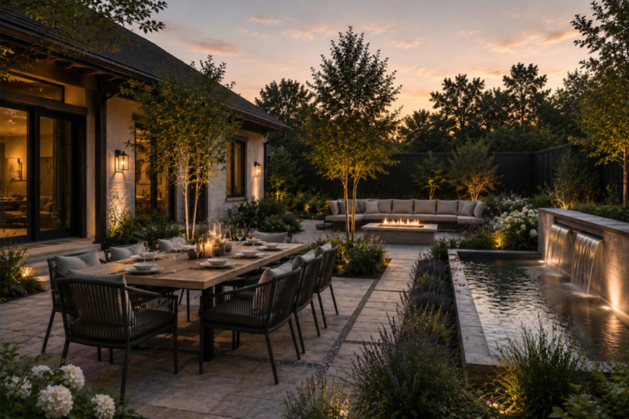 Outdoor patio with seating, planting, and a fire feature